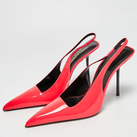 Saint Laurent Kiss Size 40 Neon Pink Patent Leather Slingback Pumps - Picture 2 of 7